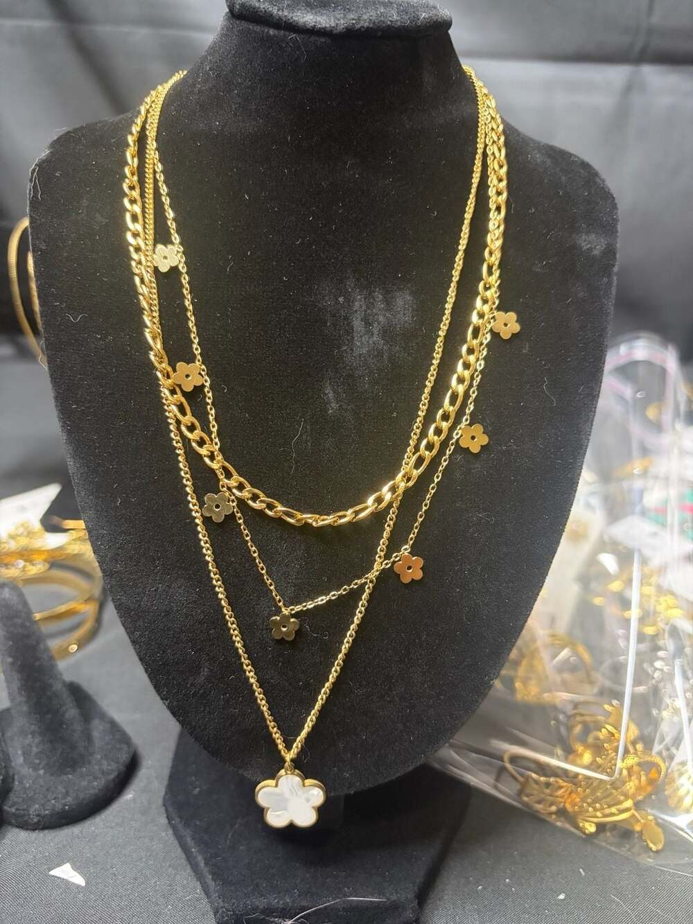 Multi-Layer Chain Necklace with Flower Charms and Mother of Pearl Pendant